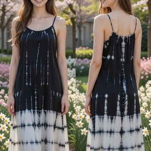 Michael Stars Deep-V Neck MEDIUM Black Gray Tie-Dye Bohemian Maxi Dress Halter